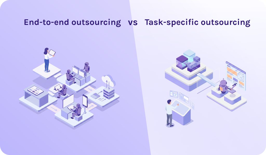 What is the difference between end-to-end outsourcing and task-specific outsourcing